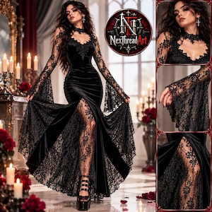 May include: A floor-length black velvet dress featuring long lace bell sleeves, a lace choker neckline, and a high front slit revealing a lace panel. The garment includes intricate floral lace detailing on the bodice and sleeves.