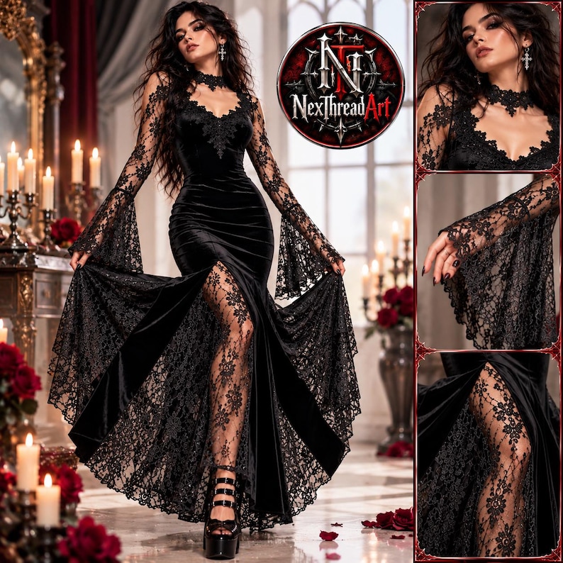May include: A floor-length black velvet dress featuring long lace bell sleeves, a lace choker neckline, and a high front slit revealing a lace panel. The garment includes intricate floral lace detailing on the bodice and sleeves.