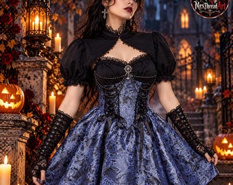 May include: A black bolero jacket with puff sleeves worn over a blue and black floral patterned corset dress. The dress features lace trim, a central decorative pendant, and black lace fingerless gloves. The text NexThreadArt is visible.