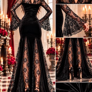 May include: A floor-length black velvet gown featuring long lace sleeves with flared cuffs, a high neckline with a keyhole cutout, and lace panels integrated into the skirt. The fabric has a smooth texture and the lace displays a floral pattern.
