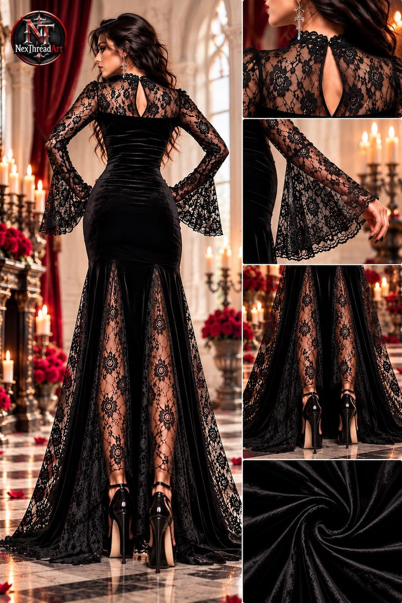 May include: A floor-length black velvet gown featuring long lace sleeves with flared cuffs, a high neckline with a keyhole cutout, and lace panels integrated into the skirt. The fabric has a smooth texture and the lace displays a floral pattern.