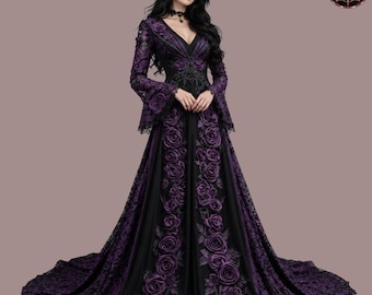 May include: A floor-length black and purple dress featuring long bell sleeves, a V-neckline, and a bodice adorned with intricate lace. The skirt is decorated with a vertical row of three-dimensional purple fabric roses and green leaves.