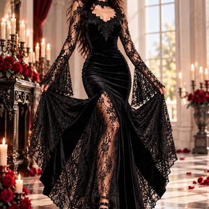 May include: A floor-length black velvet dress featuring long bell sleeves with intricate lace detailing, a sweetheart neckline, a choker-style collar, and a high front slit revealing a lace panel. The garment includes a logo reading NexThreadArt.