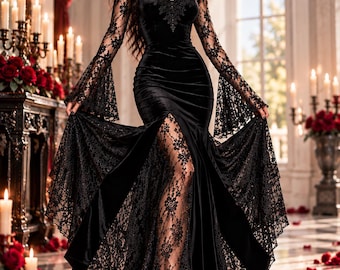 May include: A floor-length black velvet dress featuring long bell sleeves with intricate lace detailing, a sweetheart neckline, a choker-style collar, and a high front slit revealing a lace panel. The garment includes a logo reading NexThreadArt.