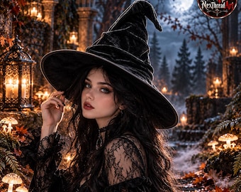 May include: A black velvet witch hat with a wide, slightly pointed brim and a tall, slouchy crown. The hat features a soft, textured fabric surface and a deep, dark black colour, designed with a classic conical shape and a wide, curved brim.