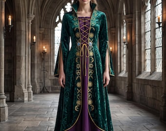 May include: A floor-length dress featuring a deep purple underlayer and a dark green velvet overcoat. The overcoat has long split sleeves, a high collar, and gold celestial embroidery along the front edges, secured with a lace-up bodice.