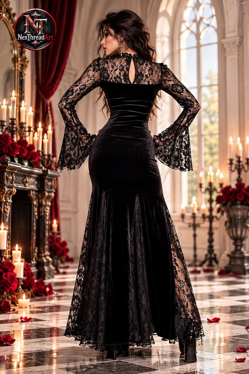 May include: A floor-length black velvet dress featuring long bell sleeves with intricate lace detailing, a high lace neckline with a keyhole cutout, and lace panels integrated into the skirt. The garment displays the NexThreadArt logo.