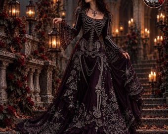 May include: A floor-length dark purple gown featuring a prominent white skeletal ribcage and pelvic bone design on the bodice and skirt. The dress has long flared sleeves, intricate lace embroidery of spiderwebs and roses, and a tiered hemline.
