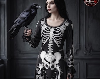 May include: A black long-sleeved dress featuring a white skeletal rib cage and pelvic bone print, accented with floral and spiderweb patterns. The garment includes lace-trimmed cuffs and a scoop neckline, worn with black lace fingerless gloves.
