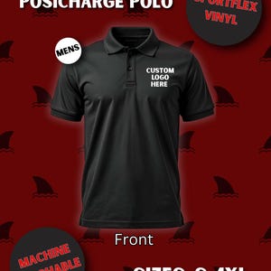 May include: A black Sport-Tek Posicharge polo shirt with a collar and a three-button placket. The chest area features the text CUSTOM LOGO HERE. Additional text includes SPORT-TEK POSICHARGE POLO, SPORTFLEX VINYL, MENS, MACHINE WASHABLE, and S-4XL.