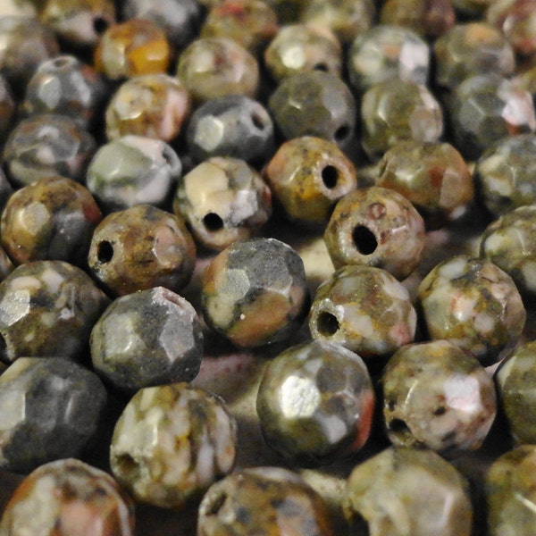 Fossil Agate Gemstone 6mm Faceted Rounds Earth Tone Natural Gemstones on a 7 1/2 Inch Strand with 32 Beads
