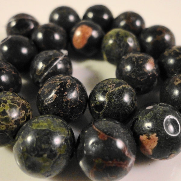 Jasper Round Gemstones 11mm Plumite Jasper Green Black and Brown Natural Gemstone Beads on an 8 Inch Strand with 20 Beads