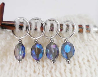 Iridescent Blue Glass Oval Stitch Markers Set of 4