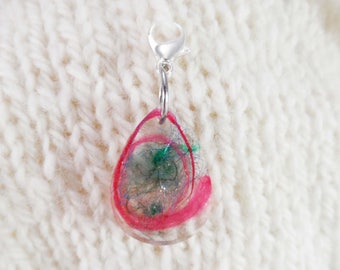 Pink and Green Captured Fiber and Resin Teardrop Stitch Marker