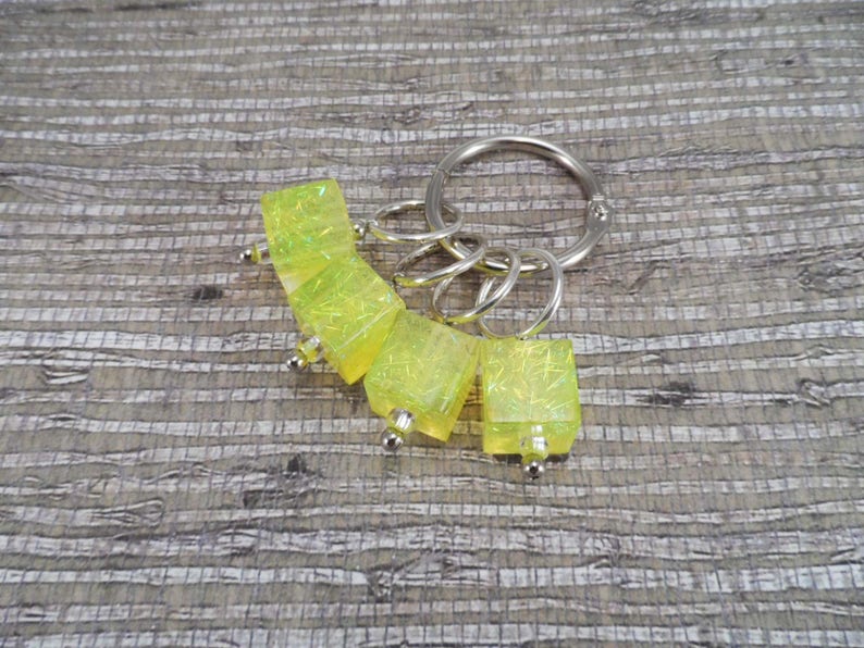 Lemon Yellow Sparkle Captured Fiber and Resin Stitch Markers Set of 4