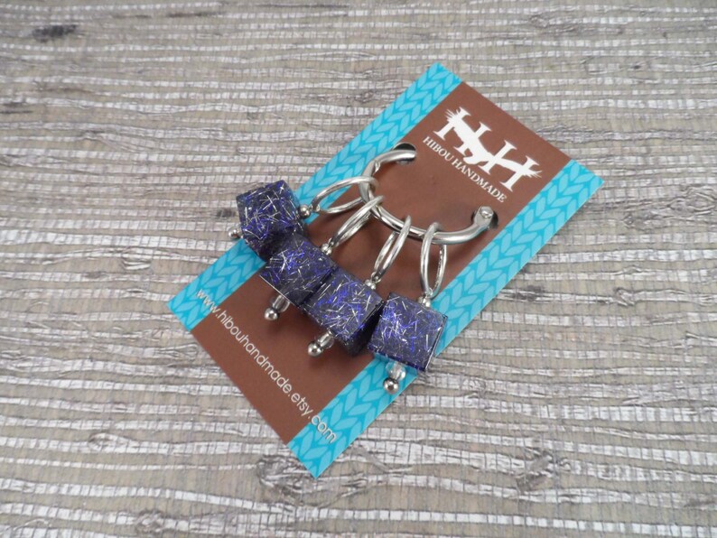 Purple and Silver Captured Fiber and Resin Stitch Markers Set of 4 image 3