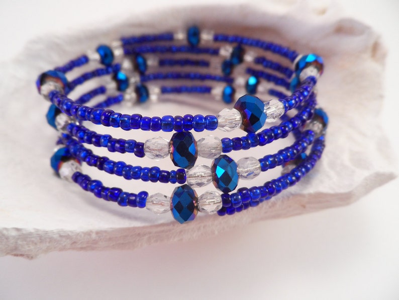 Iridescent Blue and Clear Memory Wire Bracelet image 1