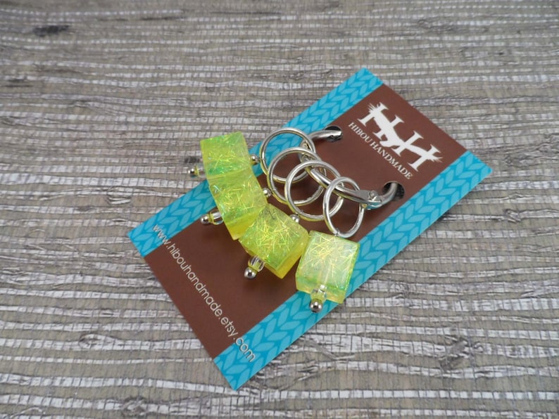Lemon Yellow Sparkle Captured Fiber and Resin Stitch Markers Set of 4