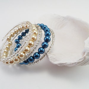Tan and Blue Glass Pearl Memory Wire Bracelet