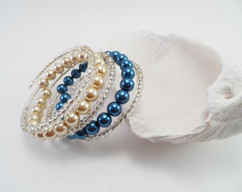 Tan and Blue Glass Pearl Memory Wire Bracelet