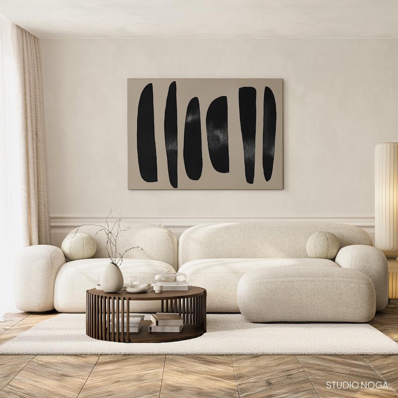 Large Abstract Beige Canvas Wall Art - Black Organic Shape Print ...