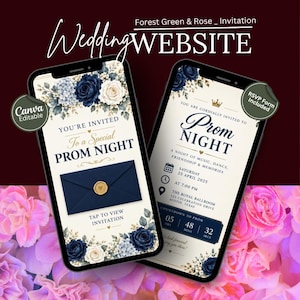 Puede incluir: Dos teléfonos inteligentes que muestran una plantilla de sitio web de invitación para una fiesta de graduación con detalles florales en azul marino y crema. Las pantallas incluyen texto como You're Invited To A Special Prom Night.