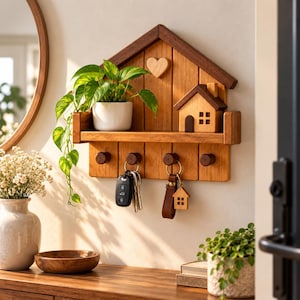 May include: A wall-mounted wooden key holder shaped like a house with a shelf, a small wooden heart, and four pegs. A white ceramic pot with a green plant sits on the shelf next to a small wooden house figurine. Two sets of keys hang from the pegs.