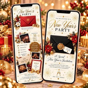 May include: Two smartphones displaying New Year's party invitations. The screens feature gold text, red and black envelopes, fireworks imagery, and festive holiday graphics including poinsettias, berries, and champagne glasses.