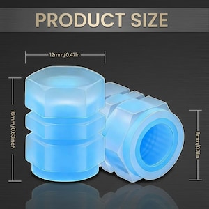 May include: Two translucent light blue hexagonal valve caps. The diagram displays dimensions of 0.47 inches in width, 0.63 inches in height, and an 0.31 inch opening diameter. The text PRODUCT SIZE is visible at the top of the image.
