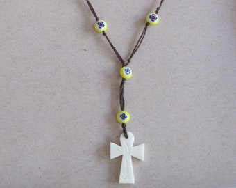 Ivory Color Etched Ankh Egyptian Cross Yellow Blue Flower Ceramic Tile Beaded Y-Necklace