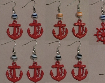 Rockabilly Pinup Nautical Sailor Pirate Americana USA Earrings ~ Red Anchor OR Wheel Charm w/ Navy Blue, White, Black or Orange Striped Bead