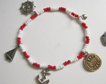 Maritime Nautical Stripe Ocean Theme Beaded Charm Bracelet Anchor Sailboat Beer Bottle Cap - Red & White (or Black White choice)