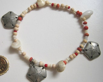 Beachcomber Seaside Nautical Wood Shell Beaded Sand Dollar Charm Bracelet