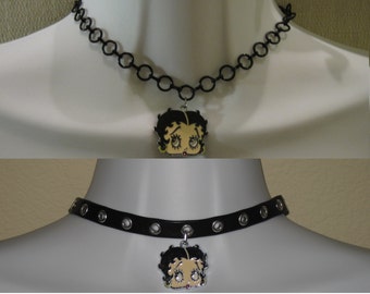 Betty Boop pop culture Hollywood classic cartoon retro comics CHAIN or biker chic LEATHER Choker charm necklace