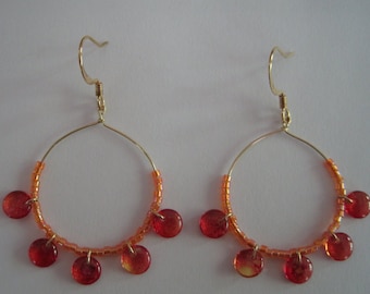 Acapulco calypso dangle earrings, iridescent orange bugle tube beads, red orange yellow ombre burnout glass droplets