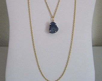 Mystical Celestial Cosmic Navy Blue Midnight Sky Raw Rock Mineral Slice Geode Layered 2 Strand Goldtone Pendant Necklace