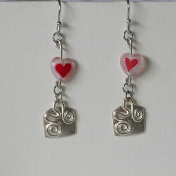 Twisted love Red Glass Heart Funky Urban Pop Art Earrings