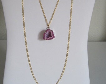 Magenta Pink Fuchsia Druzy Rock Sugar Raw Mineral Crystal Slice Geode Layered Necklace