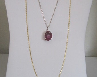 Earthy Rough Cut Magenta Purple Rock Mineral Geode Slice Layered 2 Strand Pewter Goldtone chain Necklace