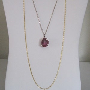 Earthy Rough Cut Magenta Purple Rock Mineral Geode Slice Layered 2 Strand Pewter Goldtone chain Necklace image 1