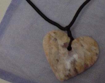 Dusty Pink speckled carved stone sacred heart pendant necklace Central South American - Valentine&#39;s Day gift Valentine