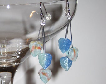 Striated Art Glass Aqua Blue Cascading Falling Leaves Droplet Dangle Stick Earrings