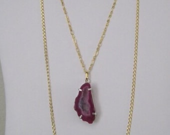 Wild Orchid Petal - Pink Fuchsia Rough Cut Geode Slice Agate Layered 2 Strand Goldtone Necklace