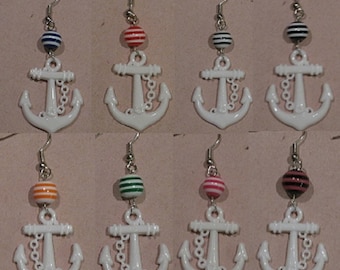 Resort Yacht Club Mod 1960s Pinup Rockabilly Earrings - White Anchor, Striped Bead: navy blue, red, white black, orange, kelly green, pink