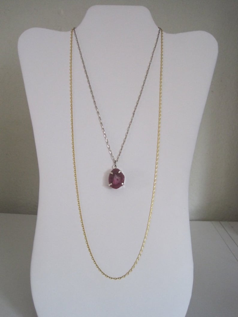 Earthy Rough Cut Magenta Purple Rock Mineral Geode Slice Layered 2 Strand Pewter Goldtone chain Necklace image 1