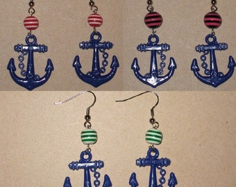 Sailor Striped Nautical Rockabilly Retro Earrings - Blue Anchor, Stripe Bead (Red, Kelly Green, Fuschia Hot Pink, White, Black, Blue)