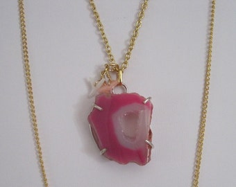 Tahitian Punch Pink Raw Sugar Mineral Crystal Slice Geode Reef Branch Layered 2 Strand Necklace