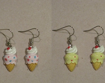 Vintage Soda Fountain Shoppe Cherry Ice Cream Cone Earrings - PINK with Red Blue Sprinkles or YELLOW with Red Pink Polka Dots