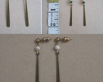 1 PAIR - Art Deco Flapper sleek long flat antique oxidized bronze brass metal Earrings - optional green malachite stone or ivory color bead