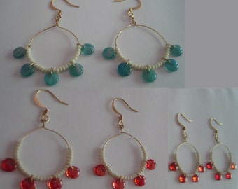 Calypso caribe hoop earrings - Cream ivory beads and burnout two tone glass droplets (Clear BLUE OR RED Orange)